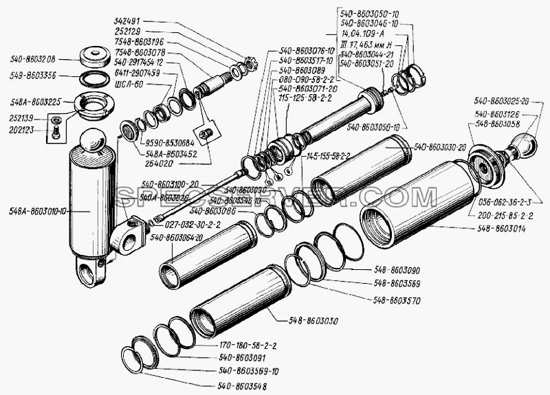 Цилиндр опрокидывающего механизма для БелАЗ-75231 (список запасных частей)