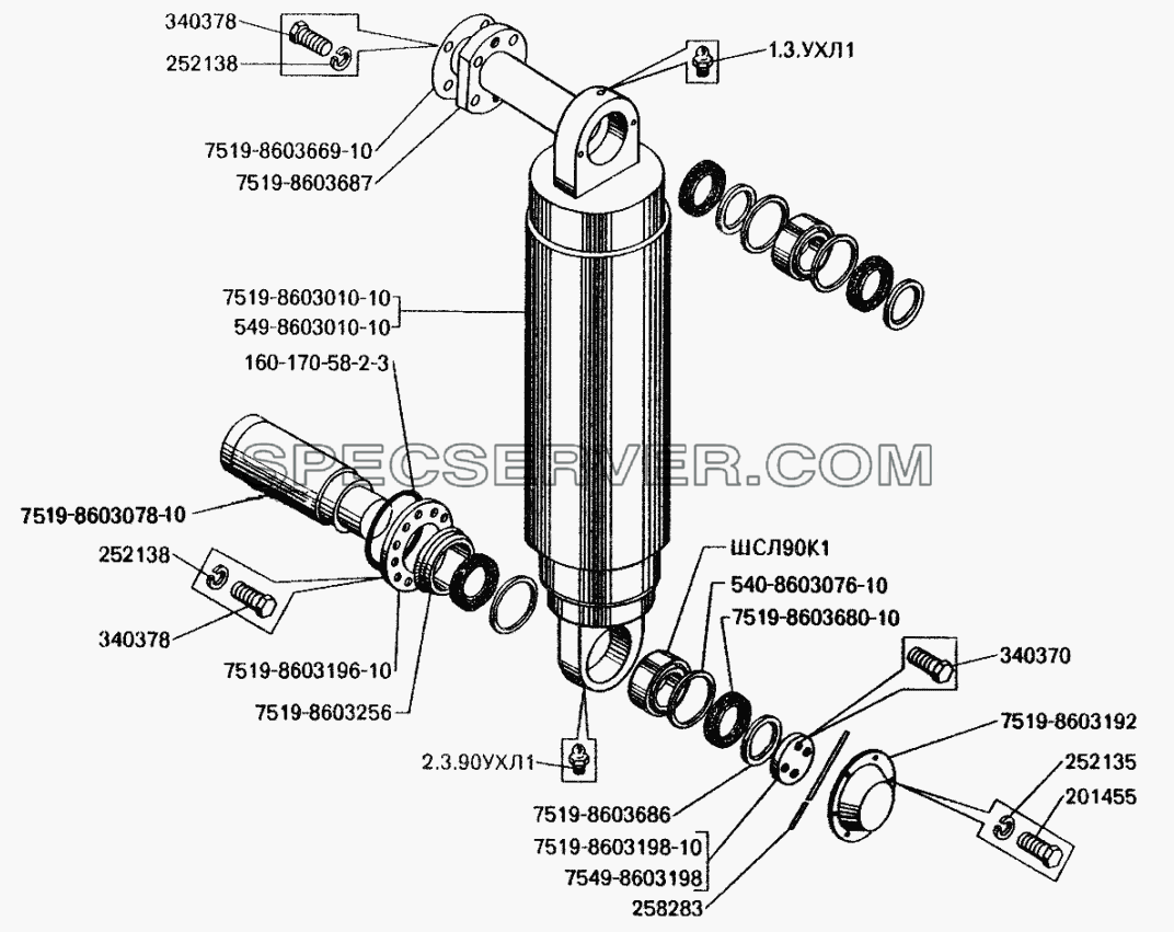 Установка цилиндров опрокидывающего механизма для БелАЗ-7549 (список запасных частей)