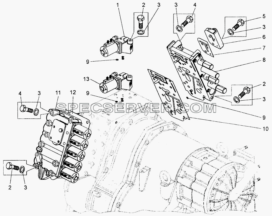 Коробка передач. Установка механизма управления гидромеханической передачей и золотниковой коробки для БелАЗ-7555A (список запасных частей)