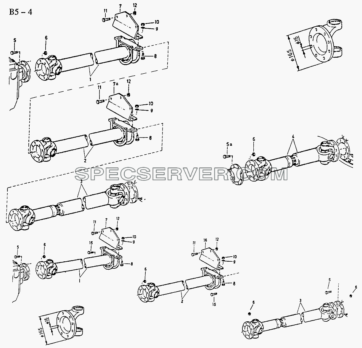 6x4, 8x4 PROPELLER SHAFTS FOR LONG WHEEL BASE 290, 336/K52/6x4 (Fuller gearbox) (B5-4-4) для Sinotruk 6x4 Tractor (371) (список запасных частей)