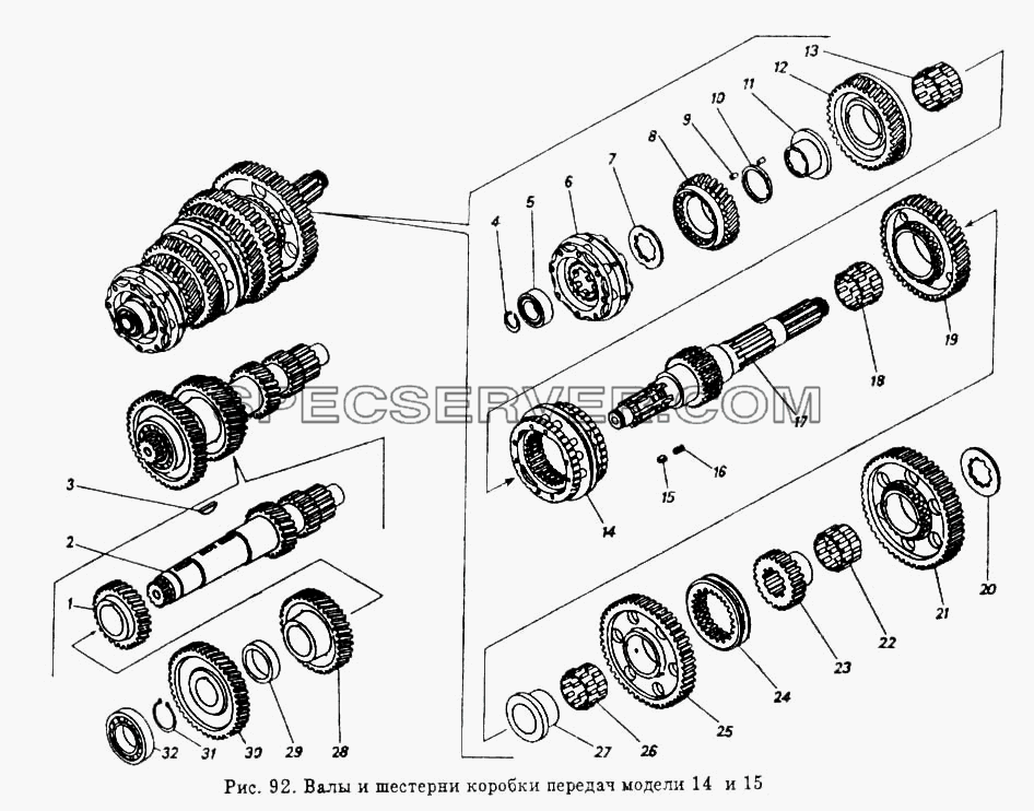 Валы и шестерни коробки передач модели 14 и 15 для КамАЗ-5320 (список запасных частей)