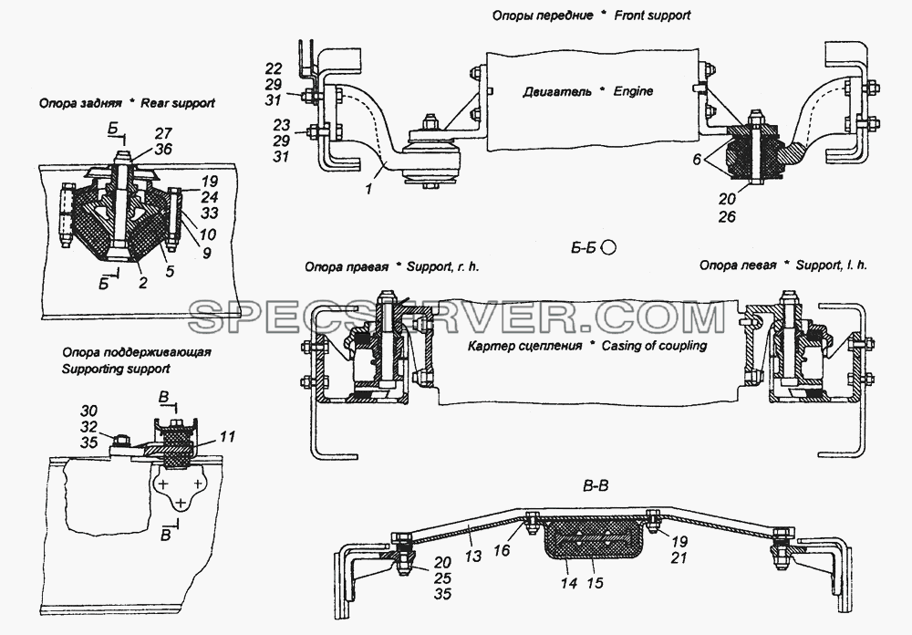 65115-1001005 Установка силового агрегата для КамАЗ-53504 (6х6) (список запасных частей)