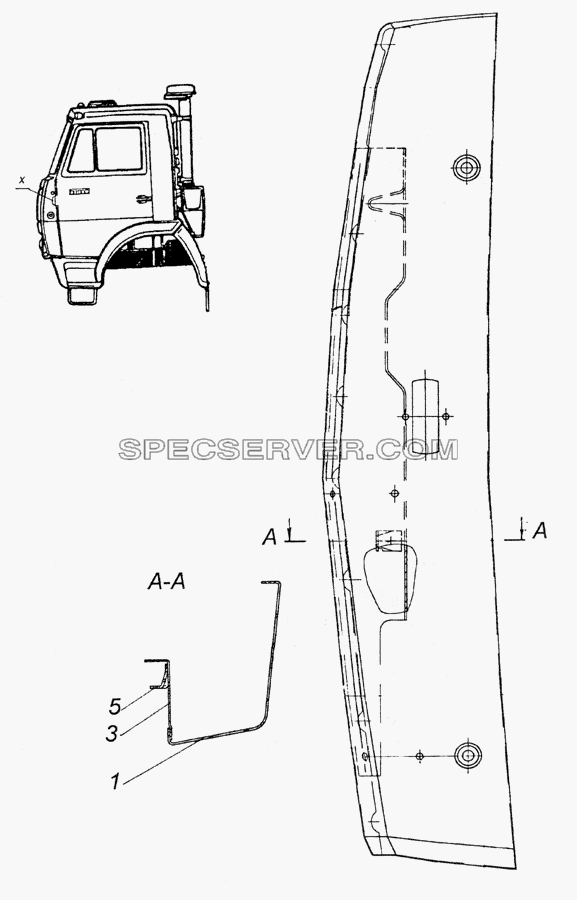 5320-5301047-10 Панель передка боковая съемная левая для КамАЗ-5350 (6х6) (список запасных частей)