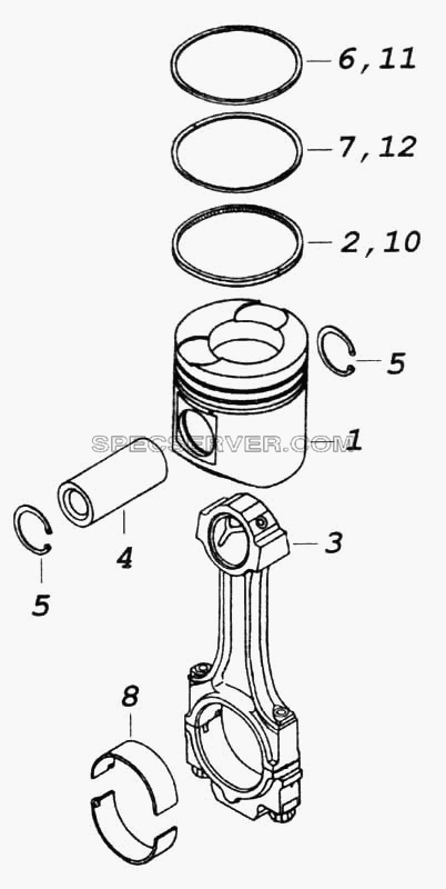 Поршень с шатуном и кольцами для КамАЗ-5360 (список запасных частей)