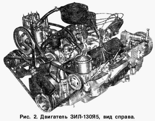 Двигатель ЗИЛ-130Я5, вид справа для КАЗ 608 (список запасных частей)