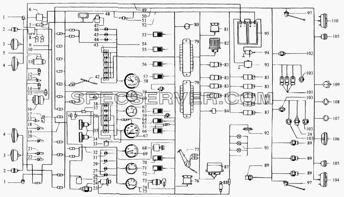Схема электрооборудования для КрАЗ-6443 (списка 2004 г) (список запасных частей)