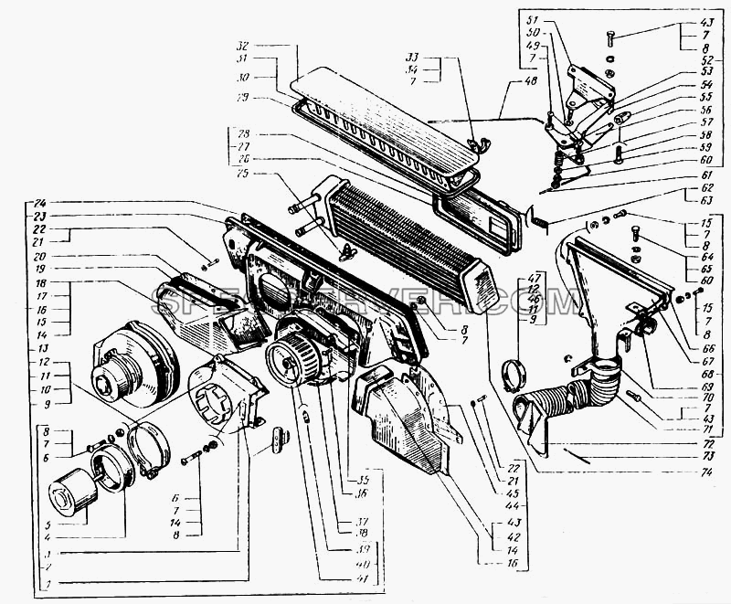 Отопитель кабины и обогреватель ветровых стекол для КрАЗ-6443 (список запасных частей)