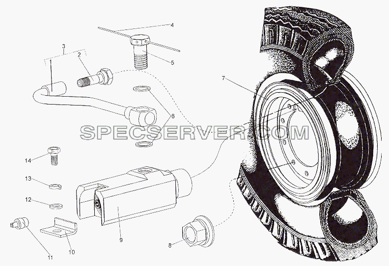 Установка колеса для МЗКТ-7402 (список запасных частей)