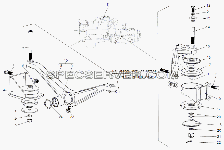 Установка двигателя для МЗКТ-751652 (список запасных частей)