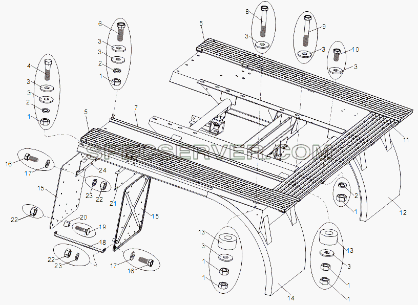 Установка задних крыльев и подножек для МЗКТ-79097 (список запасных частей)