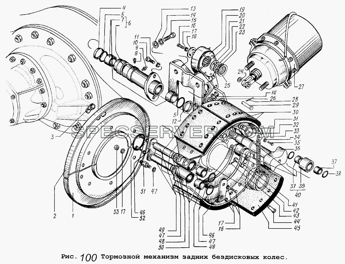 Тормозной механизм задних бездисковых колес для МАЗ-53371 (список запасных частей)