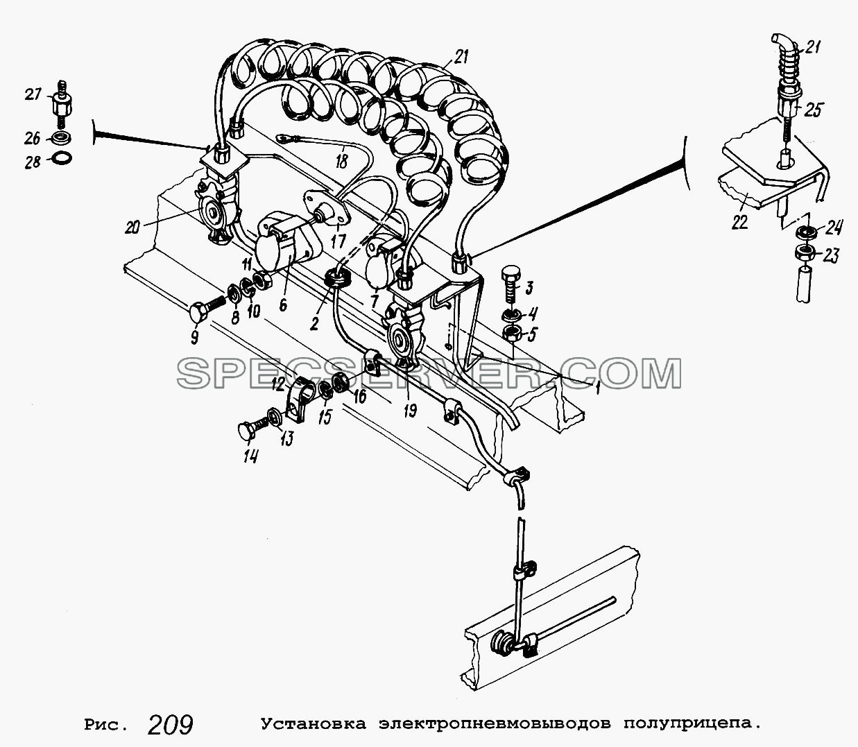Установка электропневмовыводов полуприцепа для МАЗ-53371 (список запасных частей)