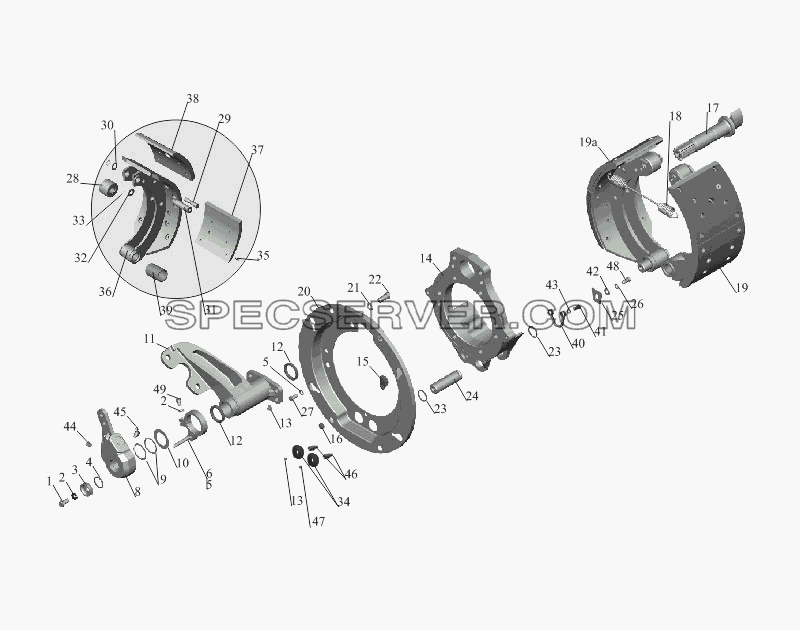 Тормозной механизм передних колес 6516-3501004 (6516-3501005) для МАЗ-533731 (список запасных частей)