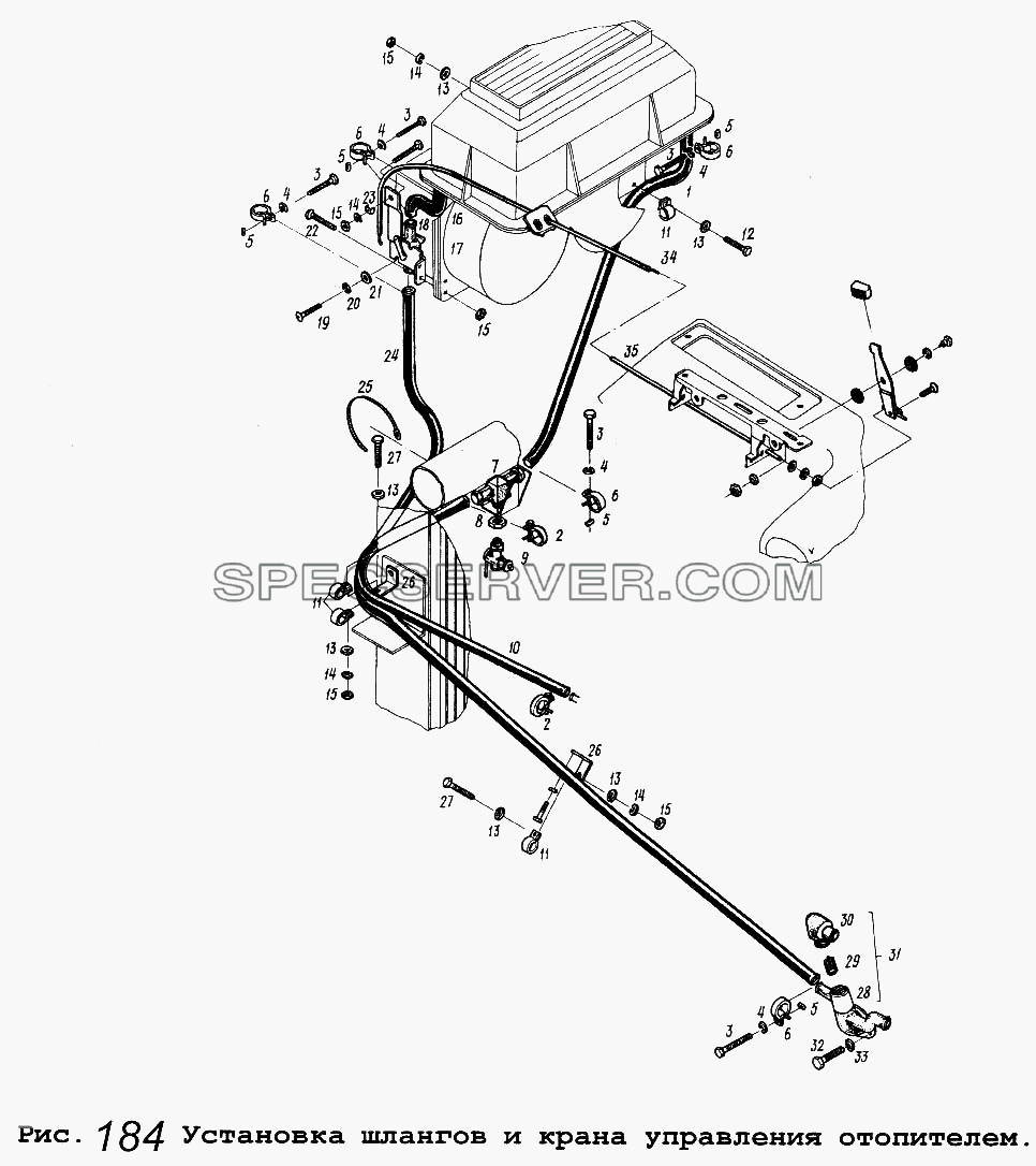 Установка шлангов и крана управления отопителем для МАЗ-5337 (список запасных частей)