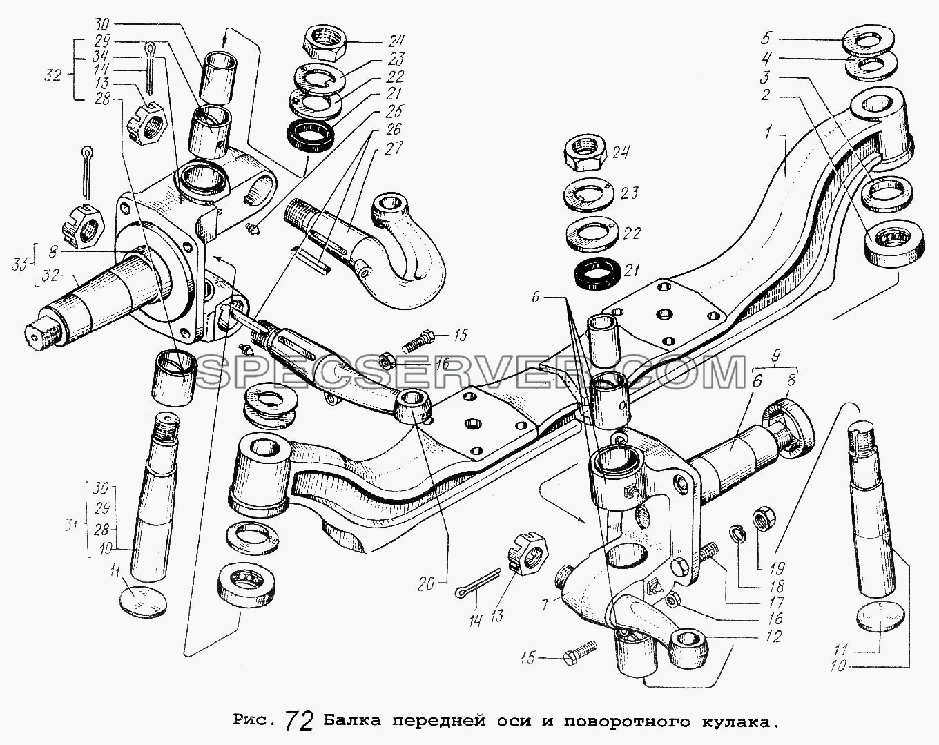 Балка передней оси и поворотного кулака для МАЗ-5337 (список запасных частей)