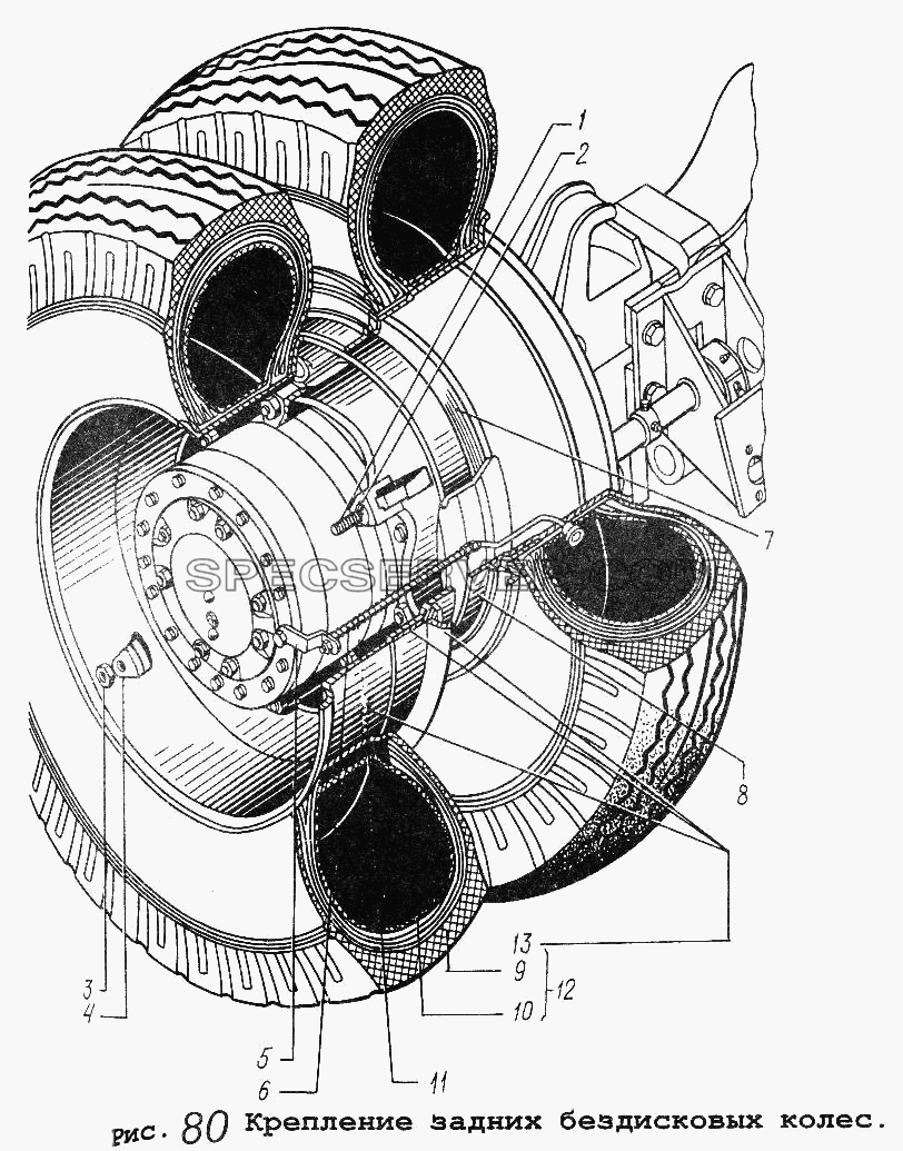 Крепление задних бездисковых колес для МАЗ-54323 (список запасных частей)
