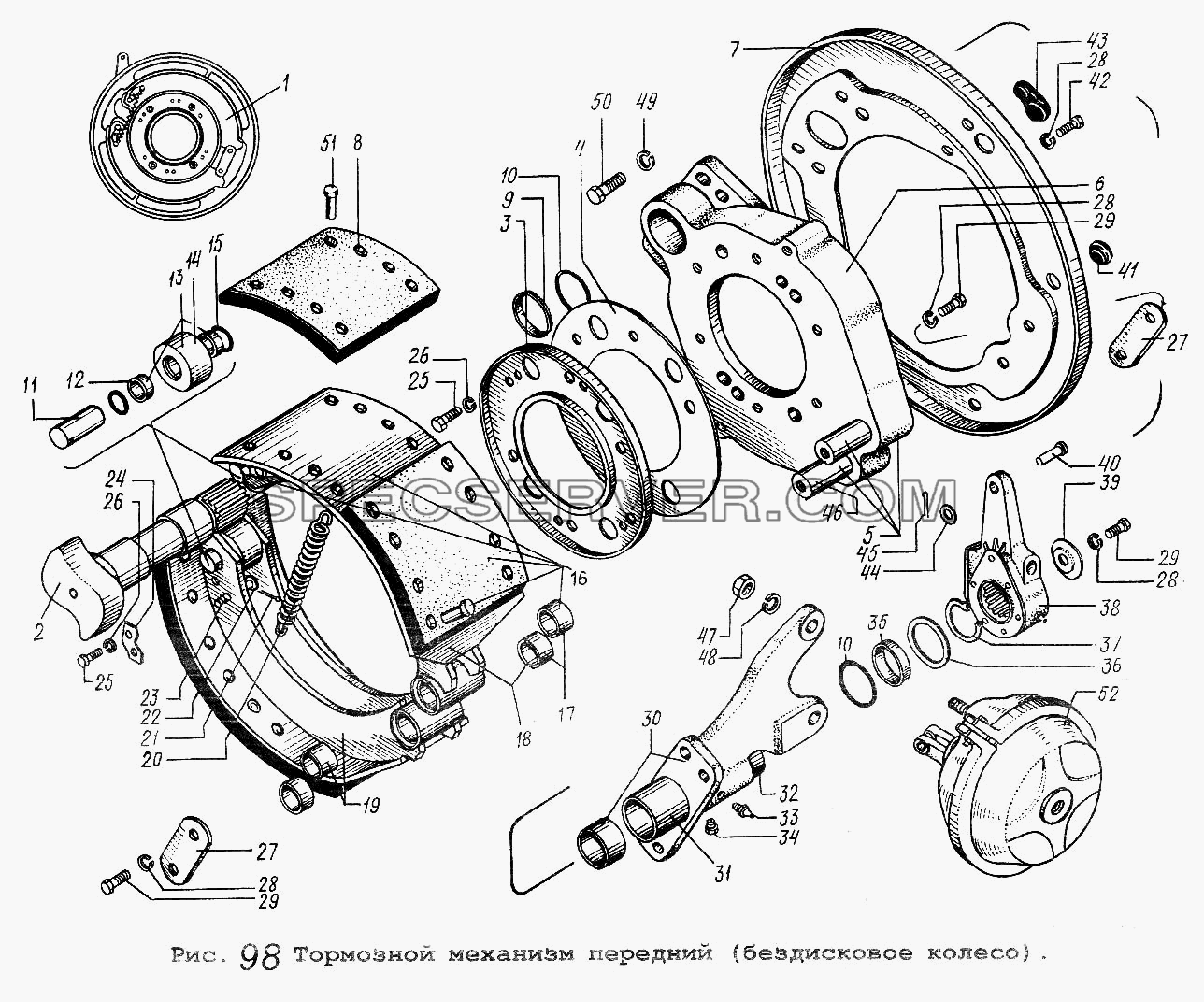 Тормозной механизм передний (бездисковое колесо) для МАЗ-54323 (список запасных частей)