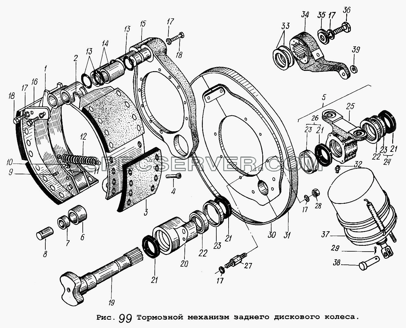 Тормозной механизм заднего дискового колеса для МАЗ-54323 (список запасных частей)