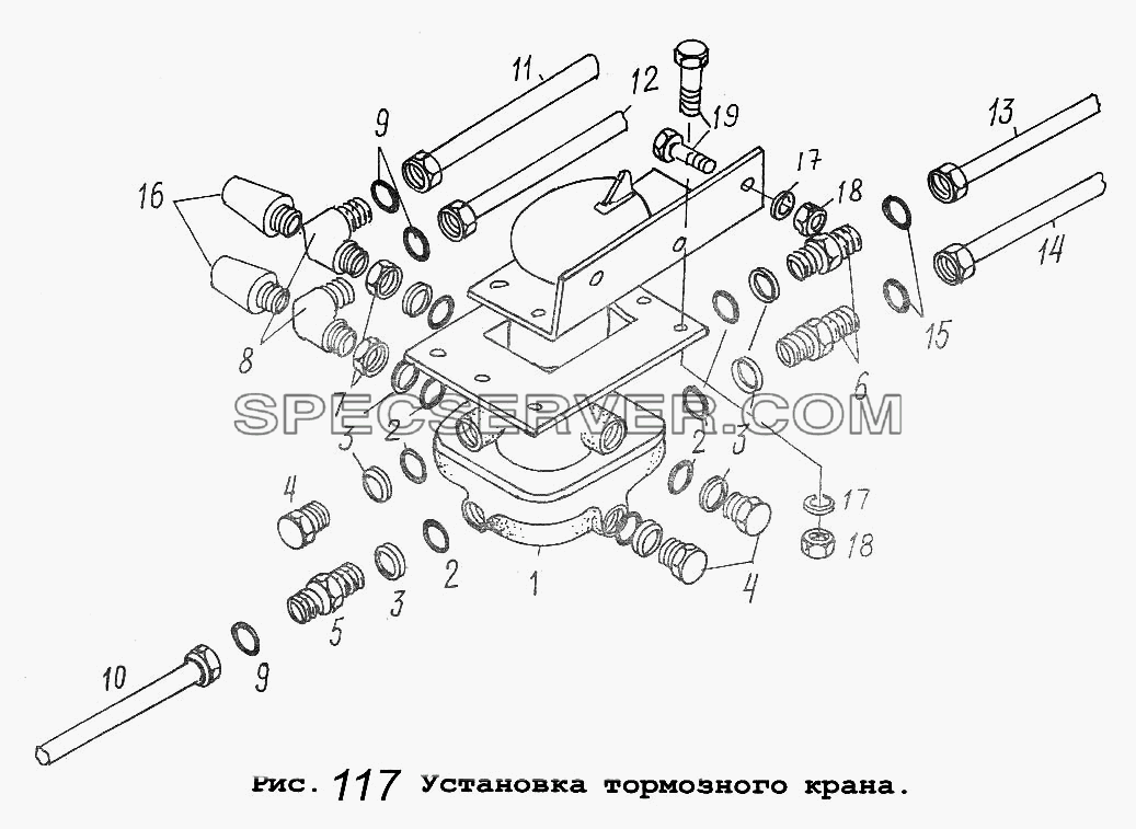 Установка тормозного крана для МАЗ-54323 (список запасных частей)