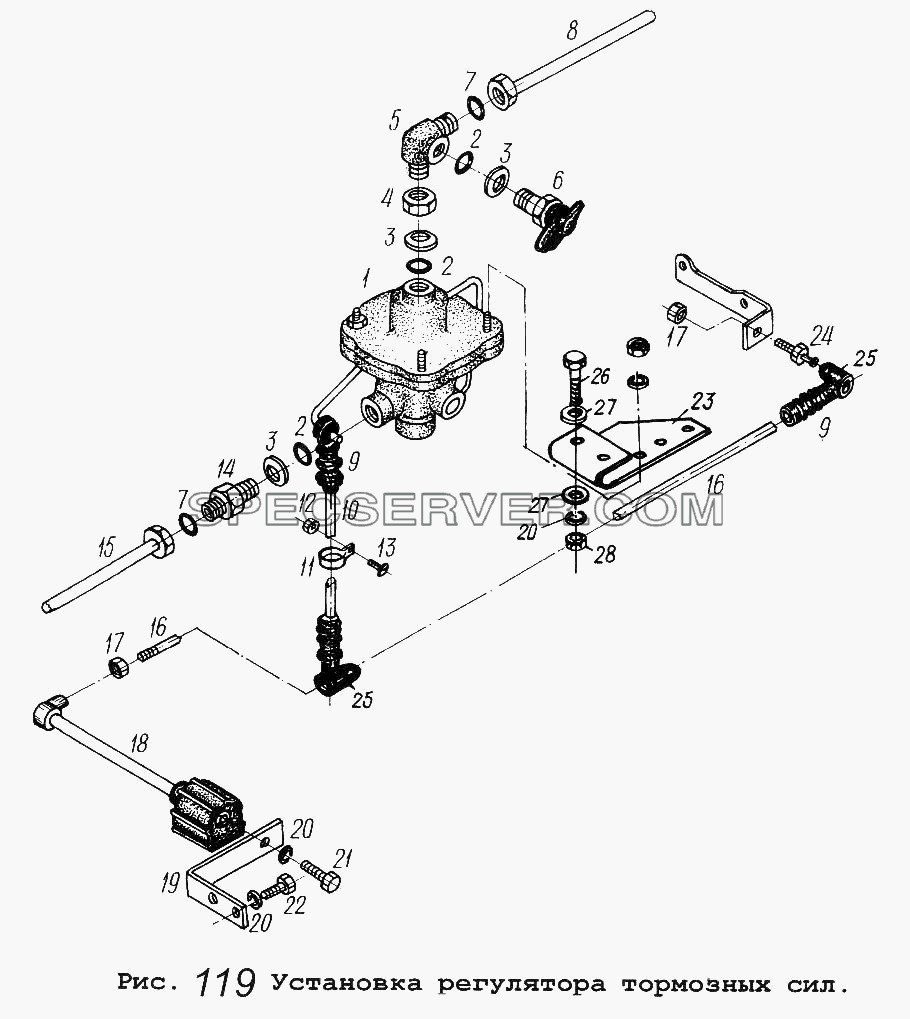 Установка регулятора тормозных сил для МАЗ-54323 (список запасных частей)