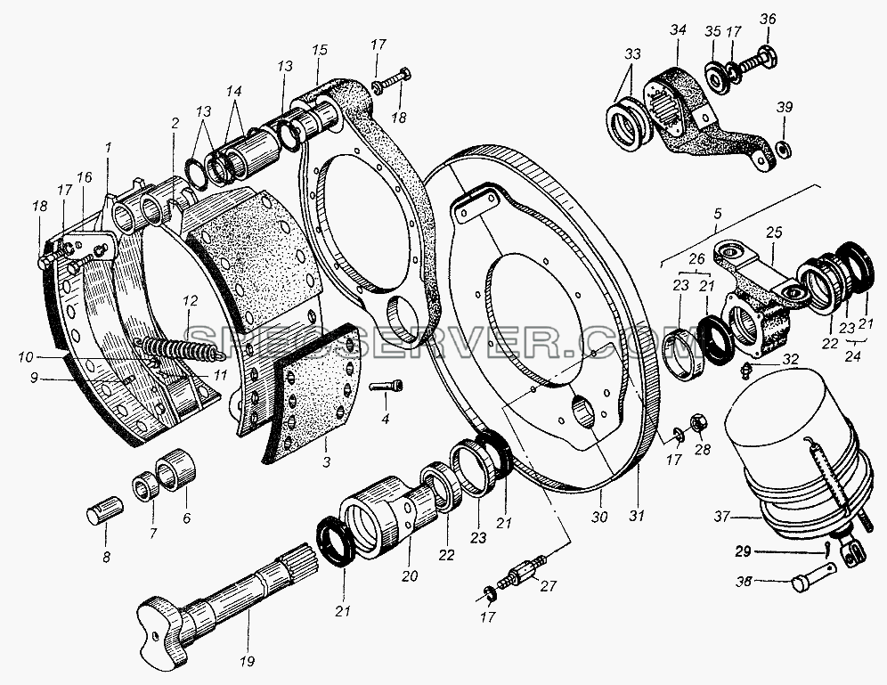 Тормозной механизм заднего колеса для МАЗ-54326 (список запасных частей)