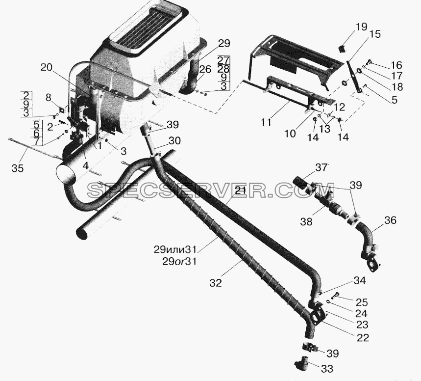 Установка шлангов и крана управления отопителем для МАЗ-5432 (список запасных частей)