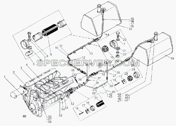 Монтажная схема топливопроводов 543 для МАЗ-543 (7310) (список запасных частей)