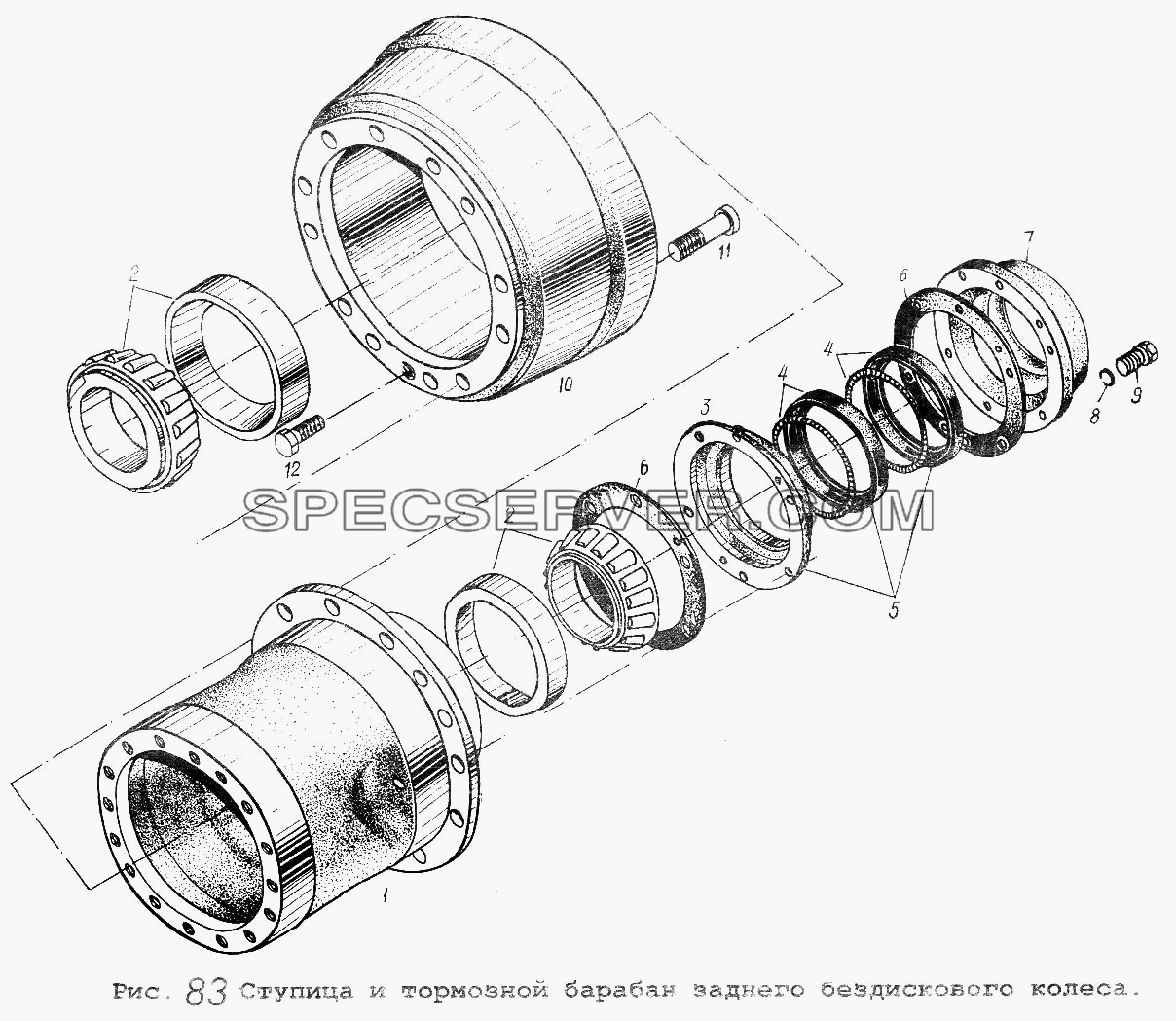Ступица и тормозной барабан заднего бездискового колеса для МАЗ-5516 (список запасных частей)