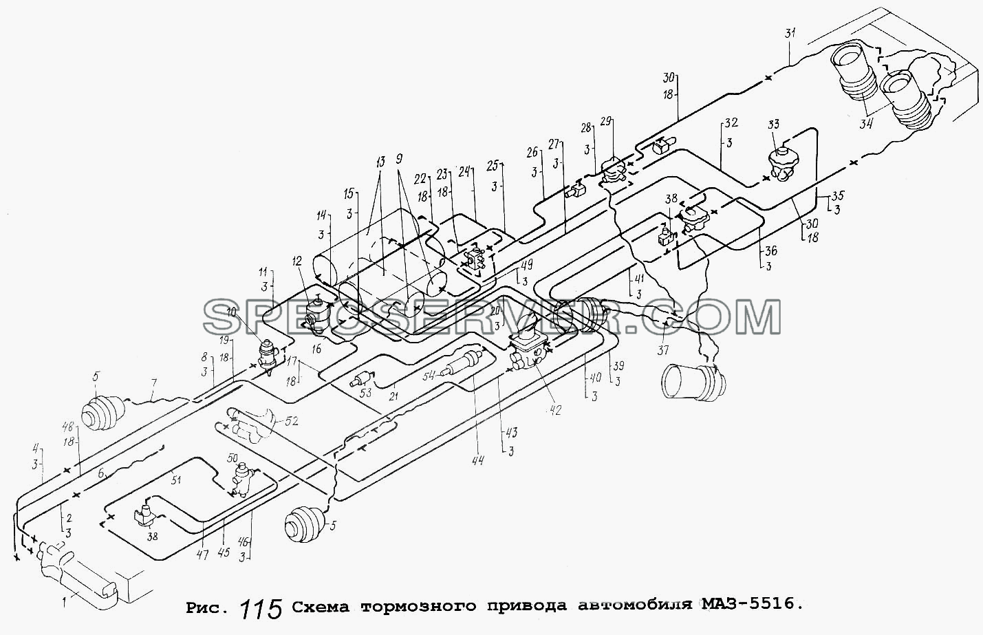 Схема тормозного привода автомобиля МАЗ-5516 для МАЗ-5516 (список запасных частей)