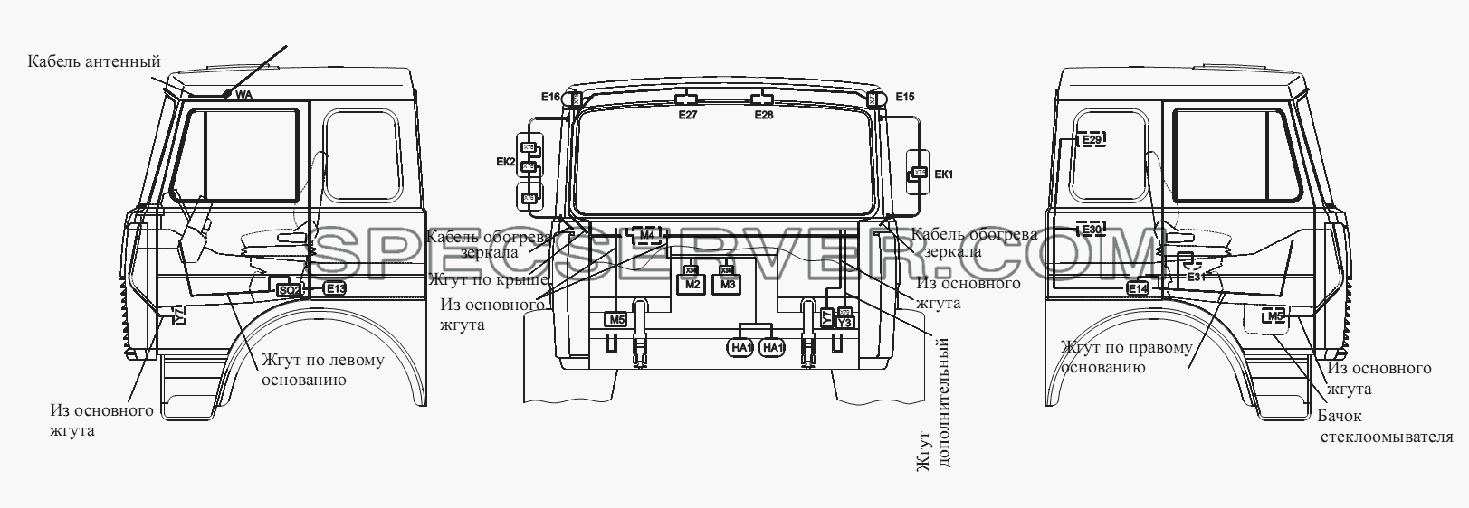 Расположение разъемов и элементов электрооборудования на большой кабине автомобилей-самосвалов с задней разгрузкой и самосвальных шасси для МАЗ-555102, 5551А2 (список запасных частей)
