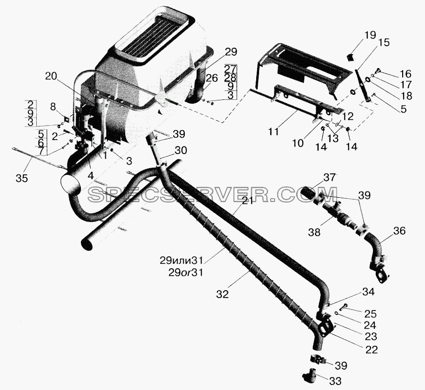 Установка шлангов и крана управления отопителем для МАЗ-5551 (2003) (список запасных частей)