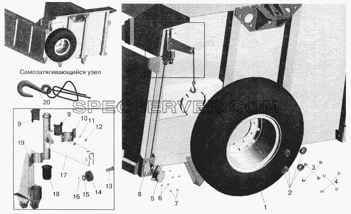 Установка запасного колеса МАЗ-551603, 551605 (5516-3100001-10) для МАЗ-5551 (2003) (список запасных частей)
