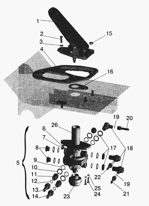 Тормозной кран с присоединительной арматурой МАЗ-543208, 543205, 543203, 543202 для МАЗ-5551 (2003) (список запасных частей)