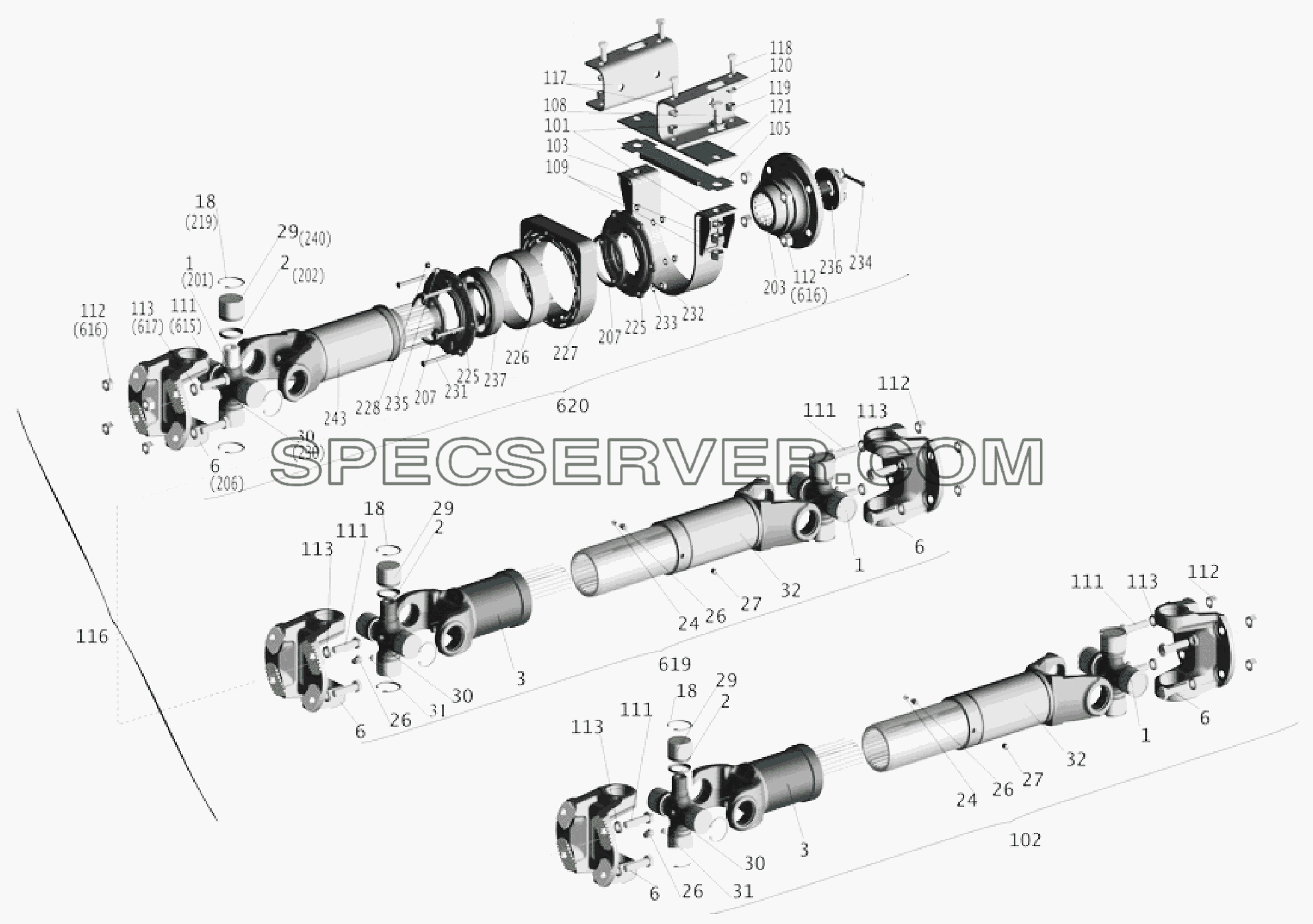 Установка карданной передачи для МАЗ-6303A3, 6303A5 (список запасных частей)