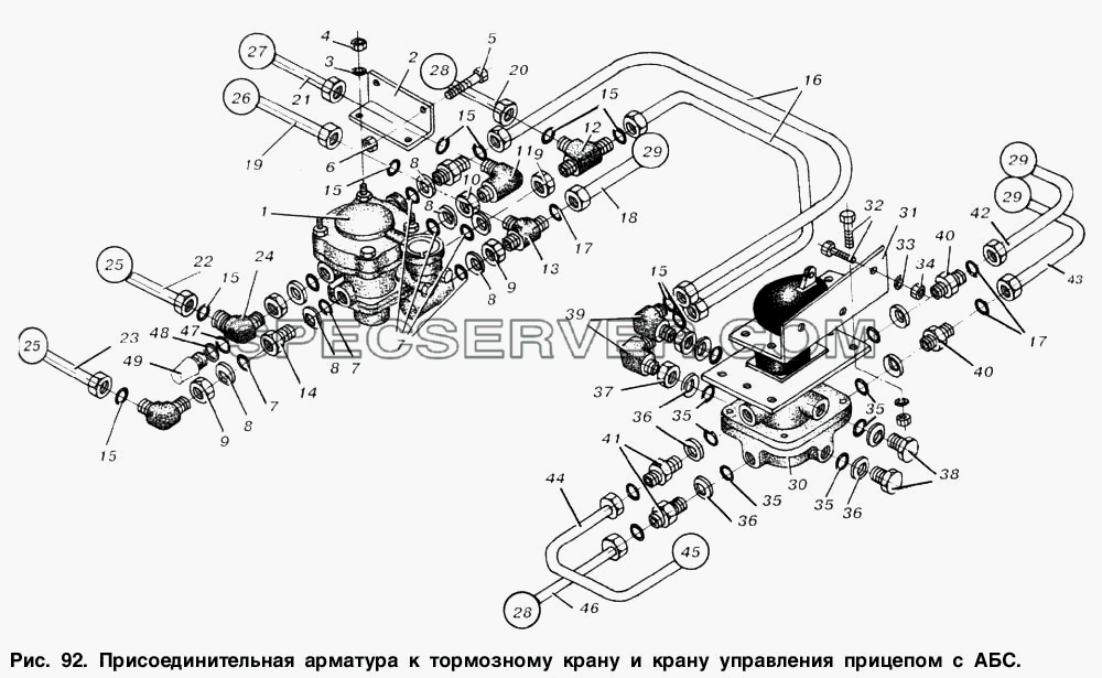 Присоединительная арматура к тормозному крану и крану управления прицепом с АБС для МАЗ-6303 (список запасных частей)