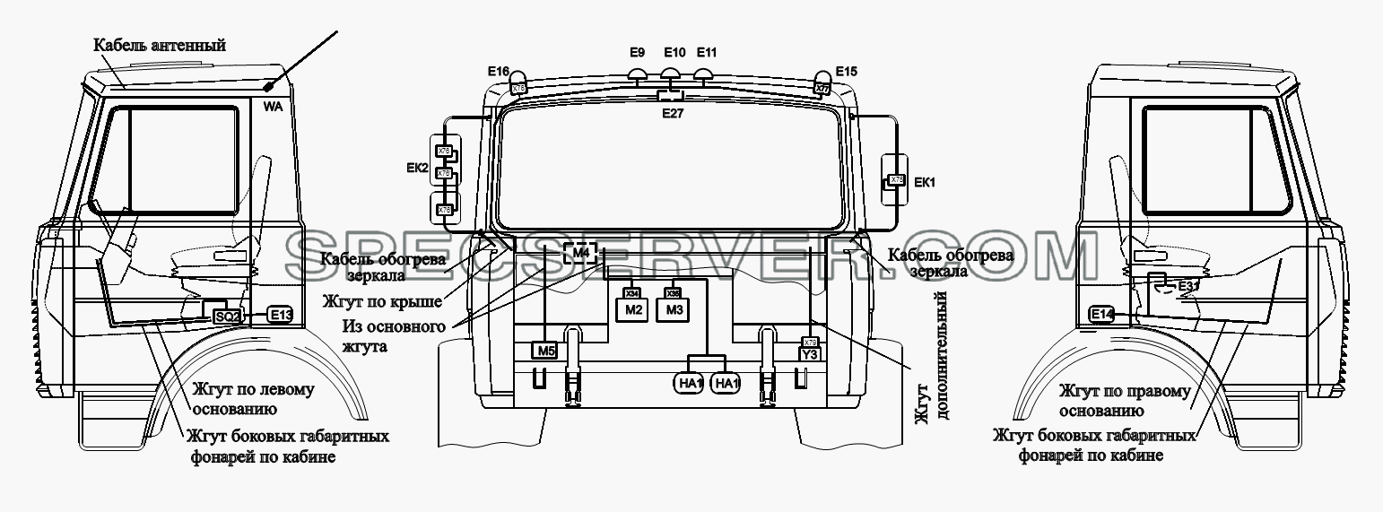 Расположение разъемов и элементов электрооборудования на малой кабине Автомобилей для МАЗ-6422, 5432 (список запасных частей)