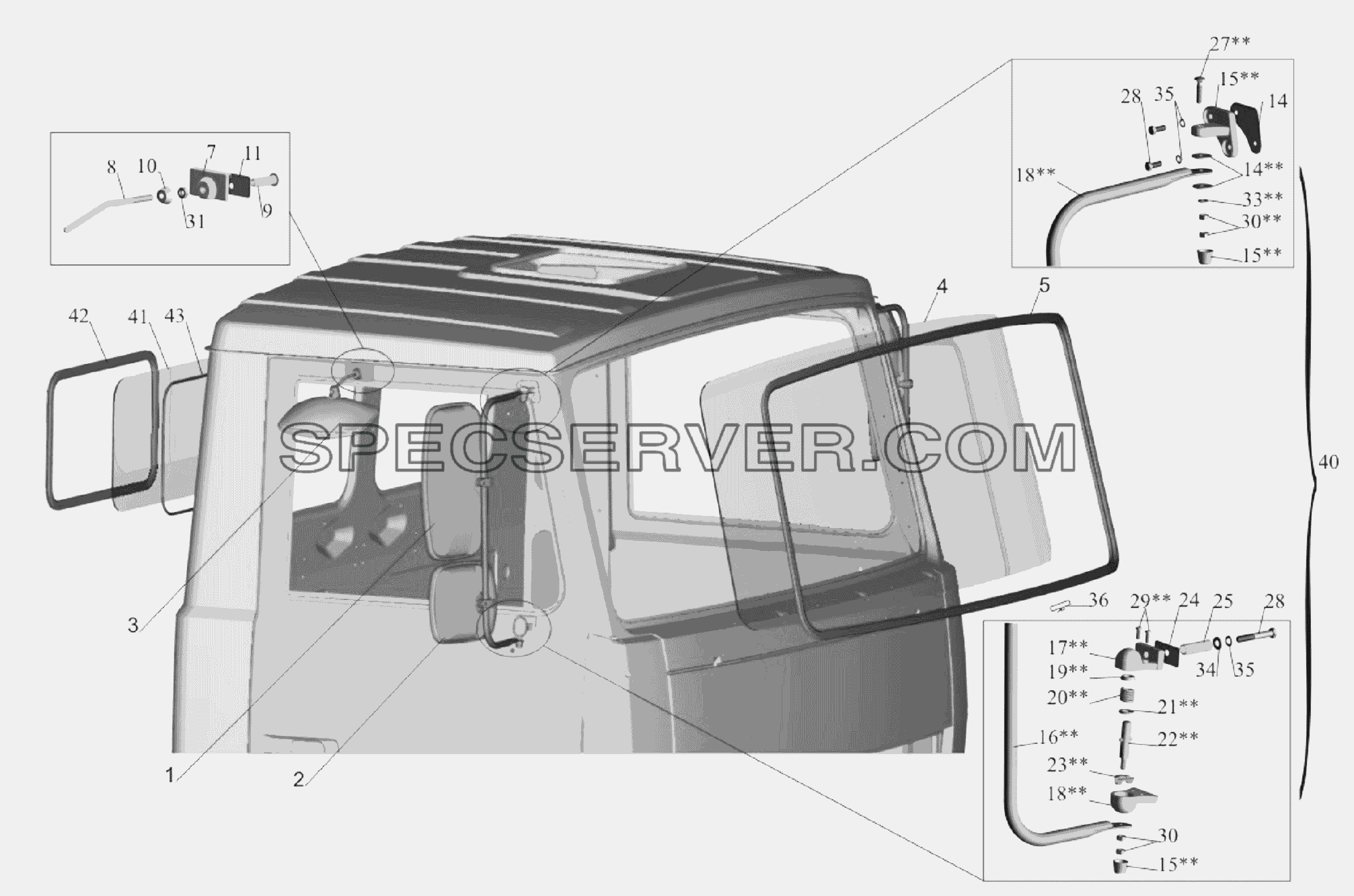 Установка стекла ветрового, зеркал, зеркалодержателей, стекол задних для МАЗ-651705 (список запасных частей)