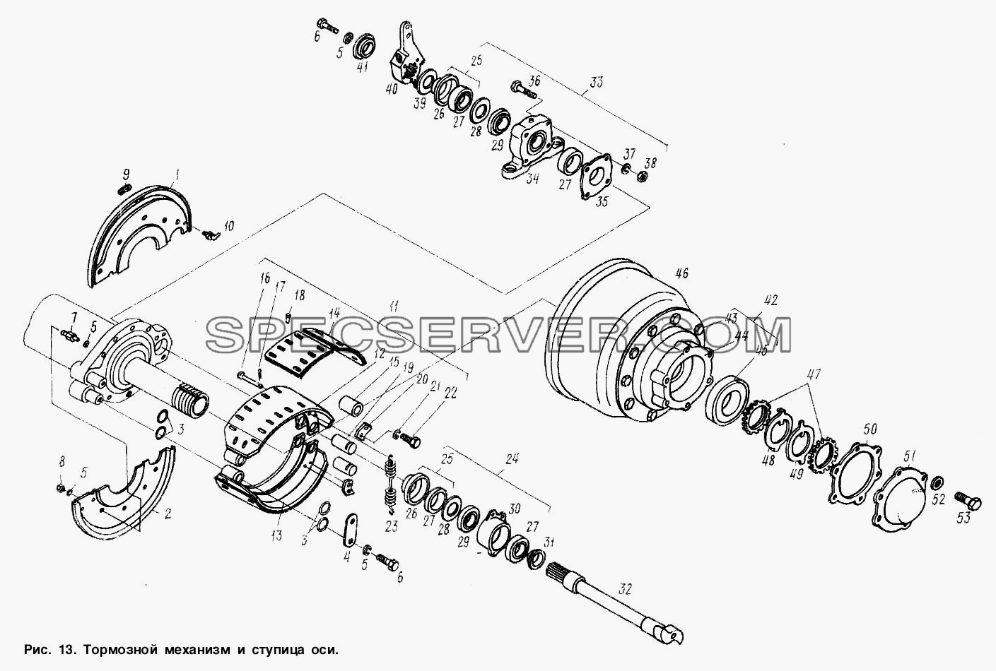 Тормозной механизм и ступица оси для МАЗ-9506 (список запасных частей)