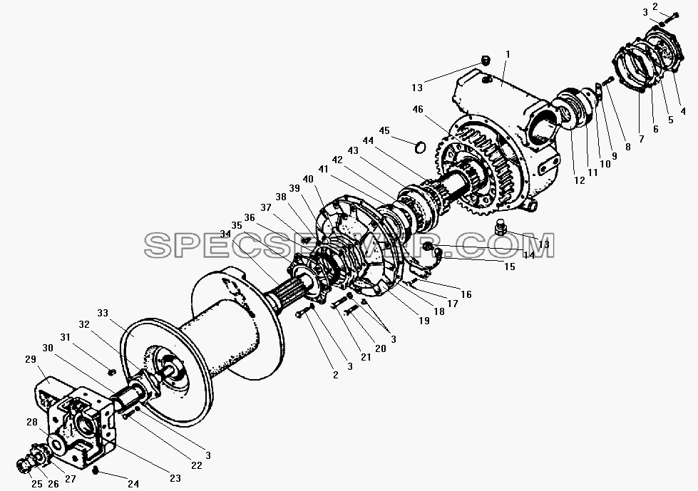 Детали редуктора лебедки для Урал-532301 (список запасных частей)