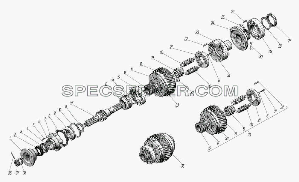 Вал привода переднего моста и дифференциал раздаточной коробки для Урал-55571-1121-70 (список запасных частей)