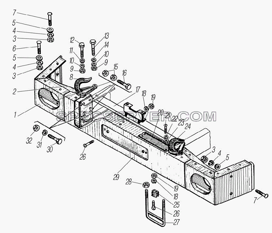 Передний буфер и буксирные крюки для Урал-55571-1121-70 (список запасных частей)