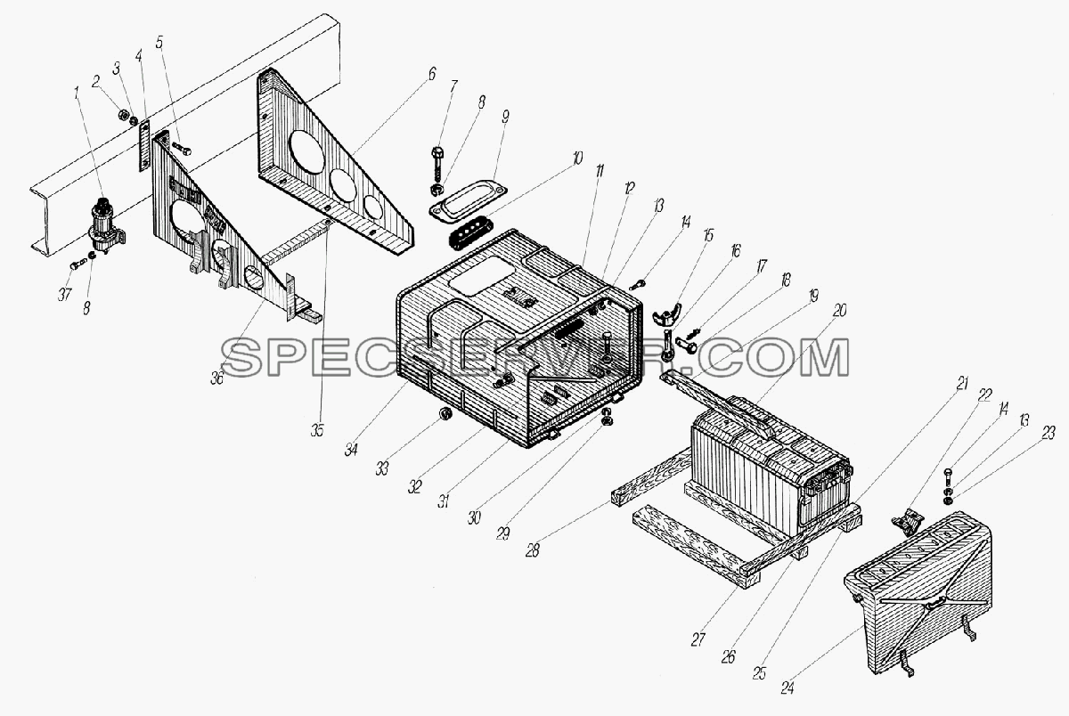 Установка контейнера аккумуляторных батарей для Урал-55571-1121-70 (список запасных частей)