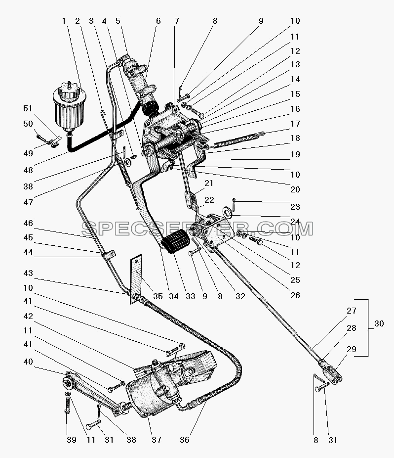 Привод педалей сцепления и тормоза с пневмогидроуправлением для Урал-55571-40 (список запасных частей)