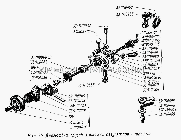 Державка грузов и рычаги регулятора скорости для Урал-5557 (список запасных частей)