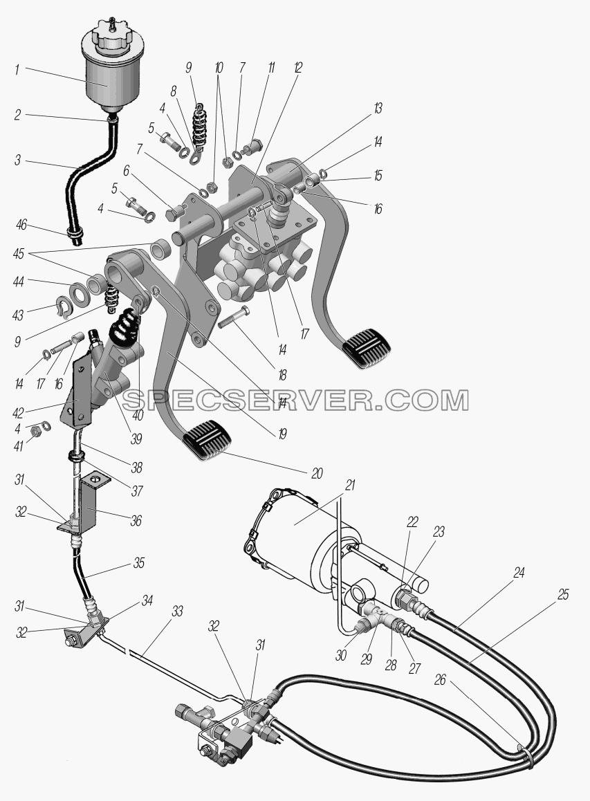 Привод педалей сцепления и тормоза для Урал-63704 (список запасных частей)