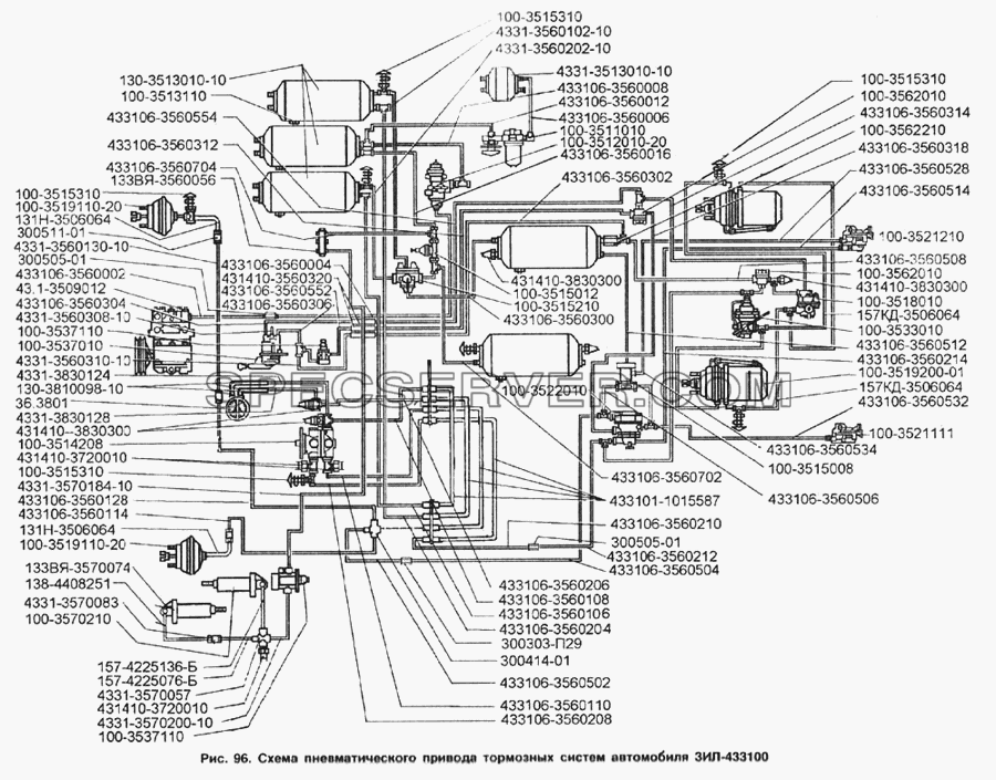 Схема пневматического привода тормозных систем автомобиля ЗИЛ-433100 для ЗИЛ-133Д42 (список запасных частей)