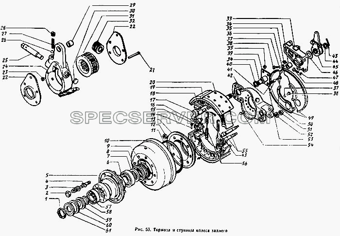 Тормоза и ступицы колеса заднего для ЗиЛа 431410 Каталог 1989 г. (список запасных частей)