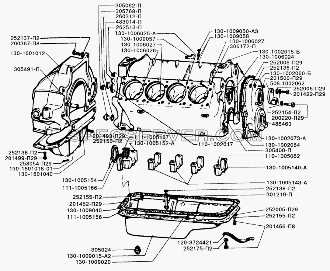 Блок цилиндров двигателя, масляный картер, крышки подшипников коленчатого вала, втулки распределительного вала, картер и крышка сцепления для ЗИЛ-433110 (список запасных частей)