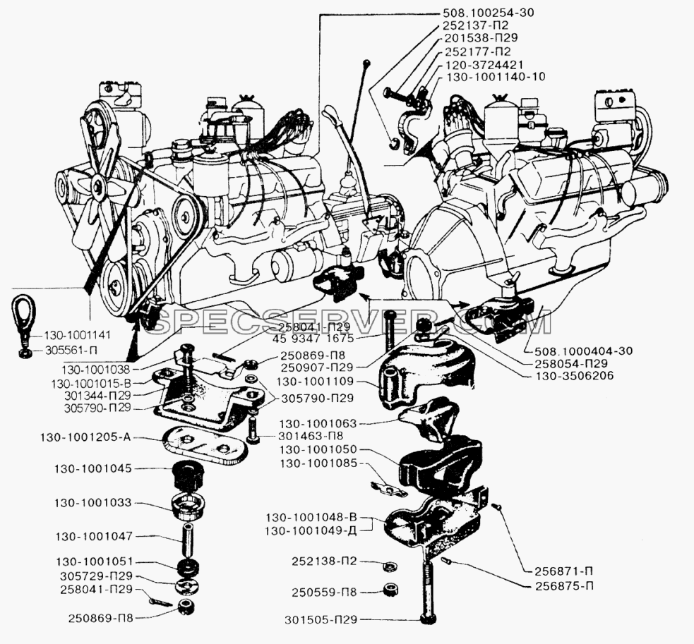 Двигатель и его подвеска для ЗИЛ-433110 (список запасных частей)