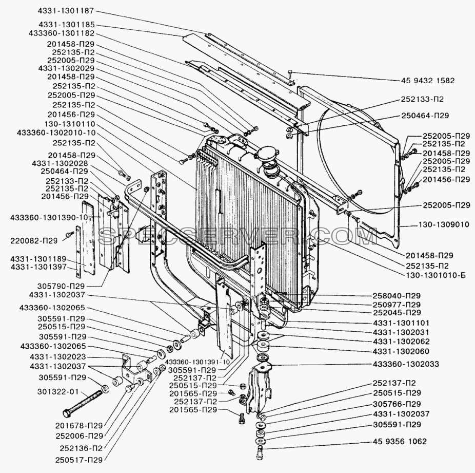 Установка радиатора системы охлаждения для ЗИЛ-433110 (список запасных частей)